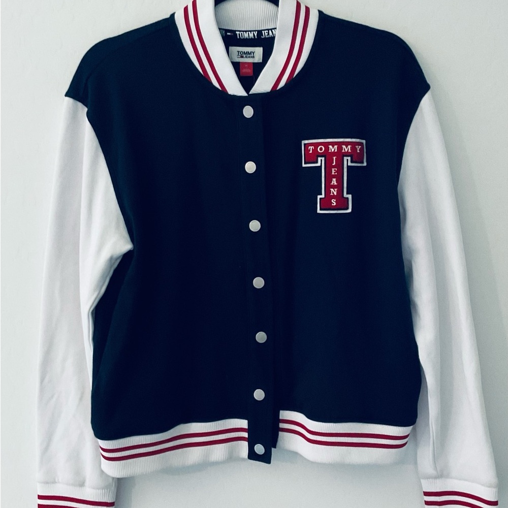 Tommy Hilfiger Black and White Varsity Jacket with Red Accents